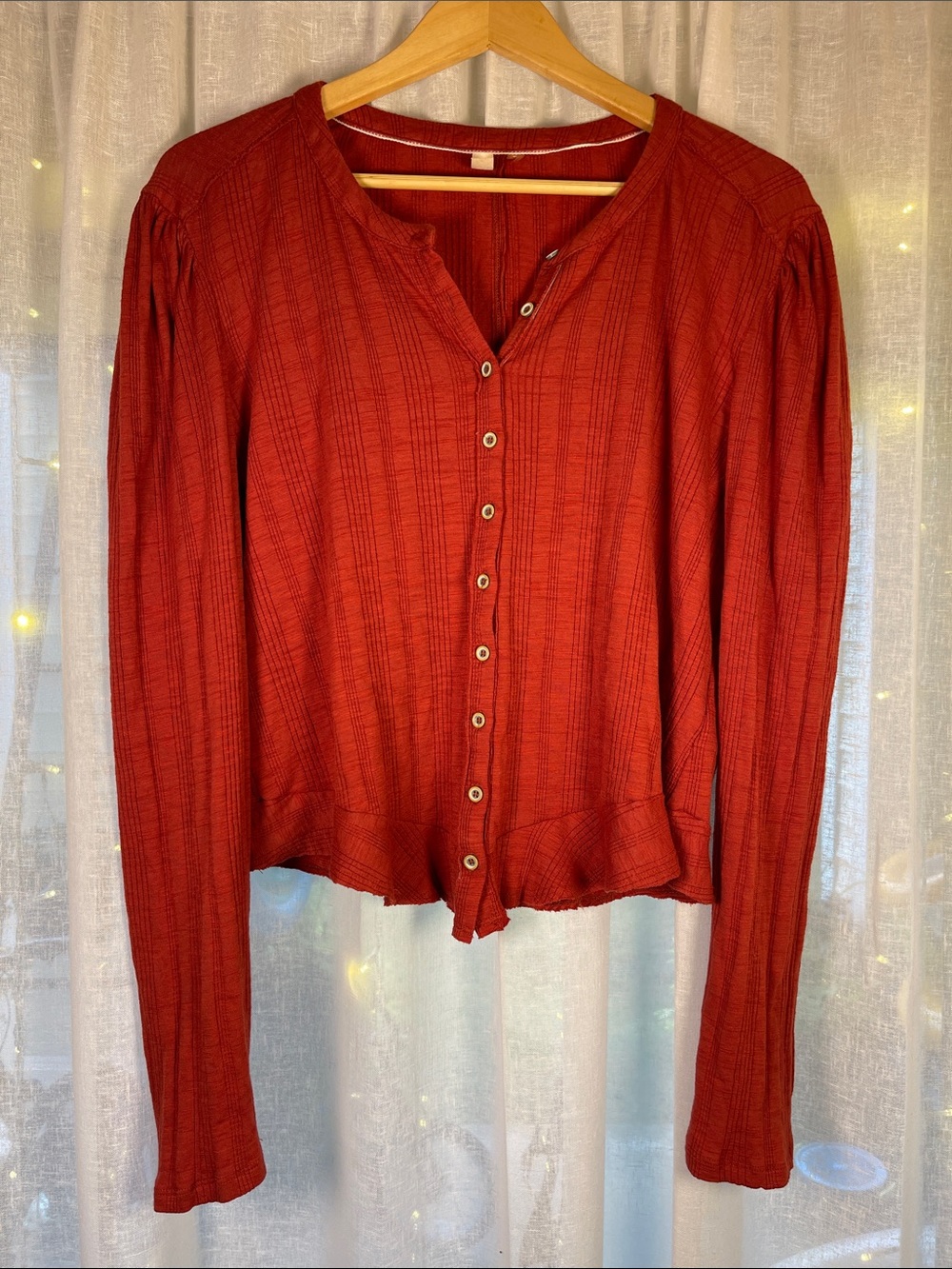 Pilcro Rust Red Button-Front Ribbed Cardigan